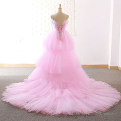 Gorgeous High Low Pink Tulle Long Prom Dresses, Pink Tulle Formal Graduation Evening Dresses