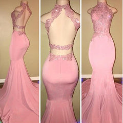 Gorgeous High Neck Pink Lace Prom Party GownsMermaid Long