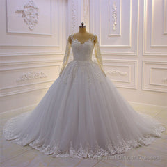 Gorgeous Long A-Line Bateau Pearl Tulle Appliques Lace Wedding Dress with Sleeves