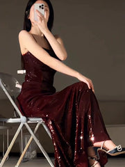 Gorgeous Mermaid Spaghetti Straps Burgundy Sequin Evening Dress Prom Dresses Birthday Outfits