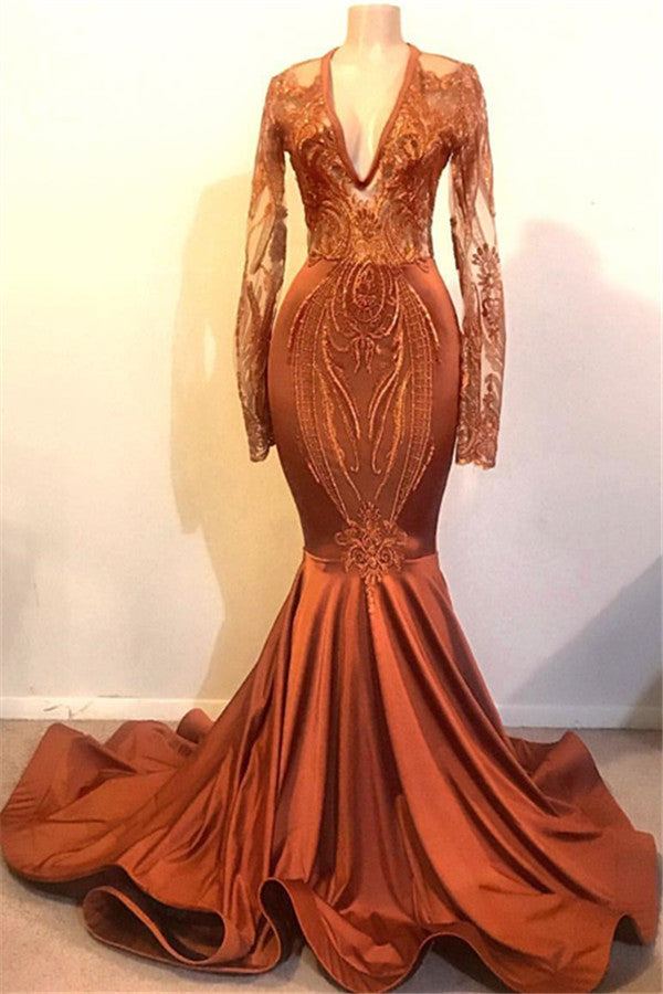 Gorgeous Mermaid V-neck Long Sleevess Prom Dresses