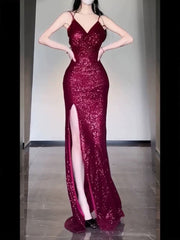 Gorgeous Sheath Spaghetti Straps Burgundy Sequin Long Evening Dress Prom Dresses Birthday Outfits