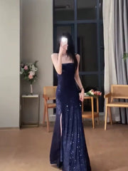 Gorgeous Sheath Spaghetti Straps Navy Blue Sequin Evening Dress Prom Dresses Birthday Outfits