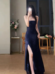 Gorgeous Sheath Spaghetti Straps Navy Blue Sequin Evening Dress Prom Dresses Birthday Outfits