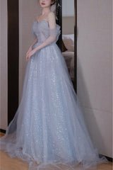 Gorgeous Silver Bling Tulle Off Shoulder Prom Dress