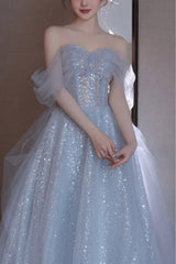 Gorgeous Silver Bling Tulle Off Shoulder Prom Dress