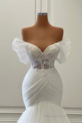 Gorgeous White Long Mermaid Off the Shoulder Tulle Wedding Dress