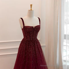 Gothic Burgundy Spaghetti Straps Sequins Beaded Formal Prom Dress Tulle Party Evening Dress