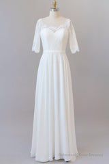 Graceful Long A-line Lace Chiffon Wedding Dress with Sleeves