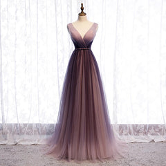 Gradient V-neckline Tulle Long Prom Dress Party Dress, Gradient Evening Gown