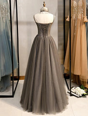 Gray A-Line Prom Dresses Open Back Dress Formal Wedding Party Floor Length Sleeveless Spaghetti Strap Tulle with Pleats Crystals