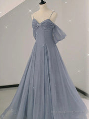 Gray A line tulle off shoulder prom dress, gray long evening dress