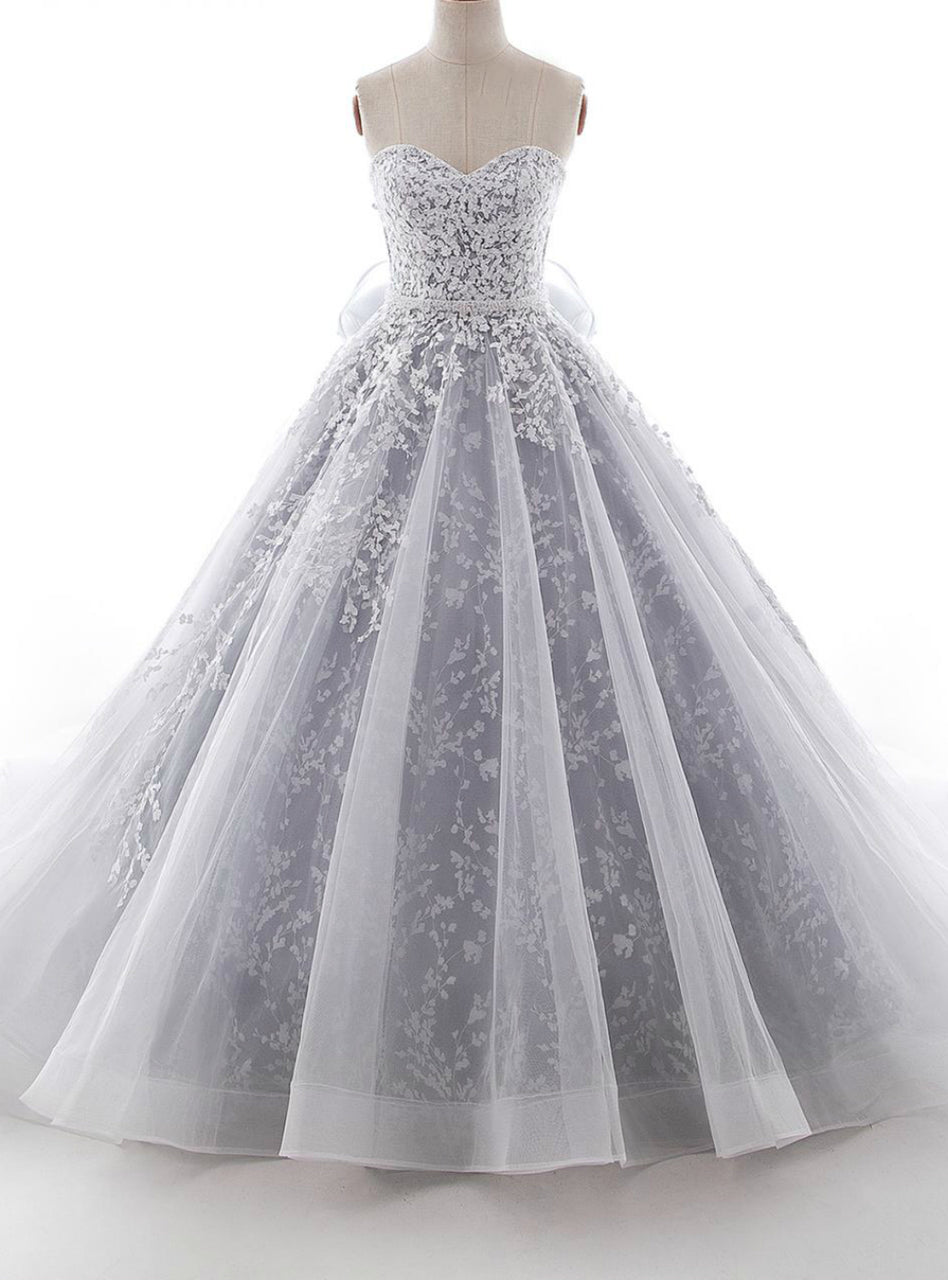 Gray Ball Gown Sweetheart Tulle Appliques With Sash Wedding Dress