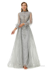 Gray Beaded Mermaid Long sleeves Prom Dresses