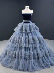 Gray Blue Ball Gown Tulle Strapless Tiers Pleats Prom Dress