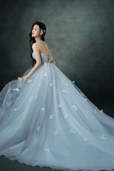 Gray Blue Strapless Tulle Long Prom Dress, Beautiful A-Line Evening Party Dress