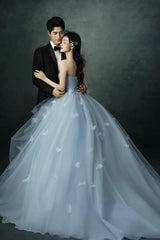 Gray Blue Strapless Tulle Long Prom Dress, Beautiful A-Line Evening Party Dress