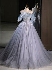 Gray Blue Tulle Sequins Strapless Feather Prom Dress