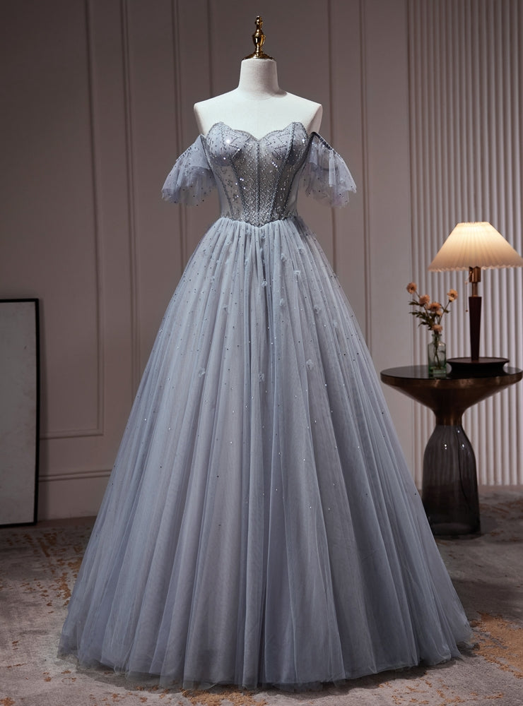 Gray Blue Tulle Strapless Beading Prom Dress