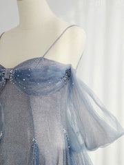 Gray Blue Tulle Tea Length Prom Dress, Blue A line Formal Dresses