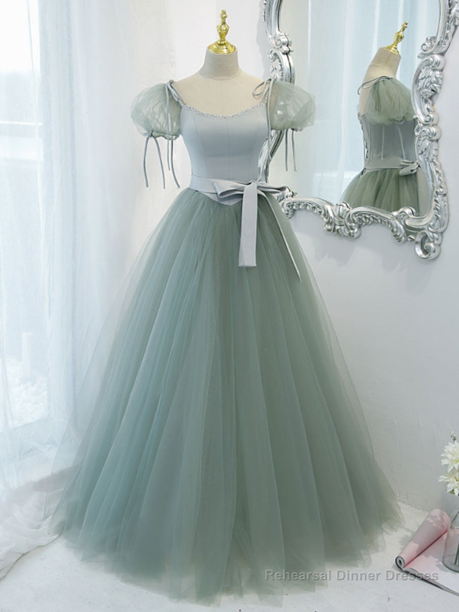 Gray Green A-Line Tulle Long Prom Dress, Gray Green Formal Dress