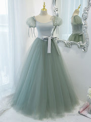 Gray Green A-Line Tulle Long Prom Dress, Gray Green Formal Dress