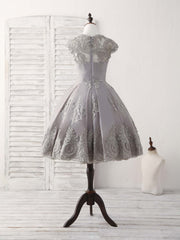 Gray Round Neck Lace Short Prom Dress Gray Bridesmaid Dress