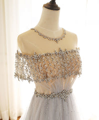 Gray Round Neck Tulle Beads Long Prom Dress Forma Graduation Dresses