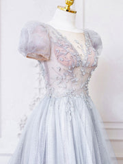 Gray Round Neck Tulle Lace Long Prom Dress, Gray Tulle Evening Dress