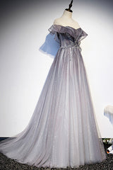 Gray Scoop Neckline Tulle Long Formal Dress, A-Line Evening Graduation Dress