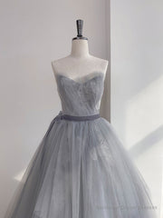 Gray Tulle Lace Long Prom Dress, Gray Ball Gown Formal Dresses