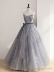 Gray Tulle Lace Long Prom Dress, Gray Ball Gown Formal Dresses