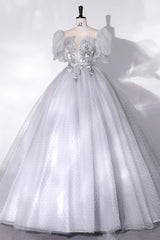 Gray Tulle Long A-Line Ball Gown, Gray Short Sleeve Evening Gown