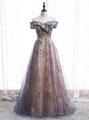 Gray Tulle Sequins Beading Off the Shoulder Prom Dress