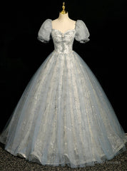 Gray Tulle Sequins Beading Puff Sleeve Quinceanera Dress