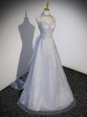 Gray Tulle Sequins High Neck Beading Prom Dress