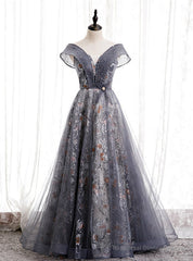 Gray Tulle Sequins Off the Shoulder Beading Prom Dress