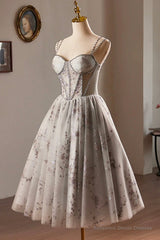 Gray Tulle Sequins Short Prom Dress, A-Line Spaghetti Straps Backless Party Dress