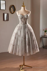 Gray Tulle Sequins Short Prom Dress, A-Line Spaghetti Straps Backless Party Dress