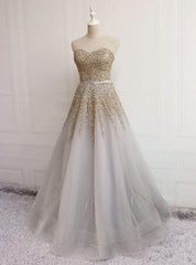 Gray Tulle Strapless Beading Sequins Prom Dress