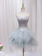 Gray Tulle Strapless Feather Appliques Homecoming Dress