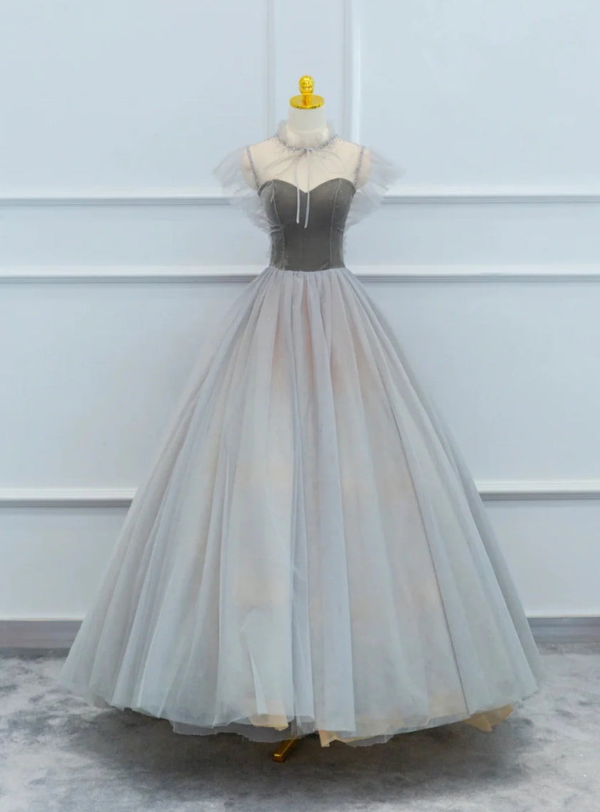 Gray Tulle Velvet Beading Prom Dress