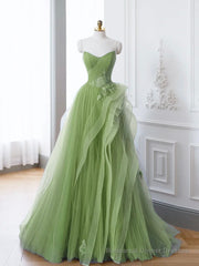 Green A-Line Off Shoulder Long Prom Dress Lace Long Evening Dress