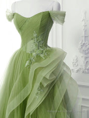 Green A-Line Off Shoulder Long Prom Dress Lace Long Evening Dress