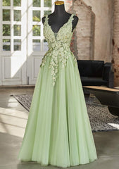 Green A-line V-neckline Tulle with Lace Long Party Dress, Green Tulle Prom Dress