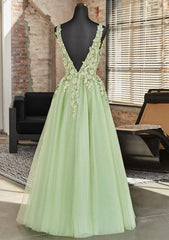 Green A-line V-neckline Tulle with Lace Long Party Dress, Green Tulle Prom Dress