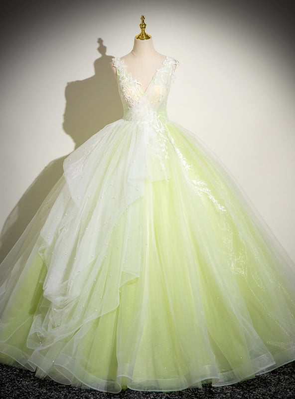 Green Deep V-neck Lace Quinceanera Dress