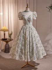 Green High Neck Puff Sleeve Beading Prom Dress