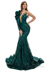 Orange Mermaid One Sleeve Prom Dresses Sequined Lace Jewel Ruffles Evening Party Dress with Appliques