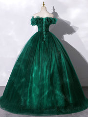 Green Off Shoulder Tulle Long Prom Dress, Green Sweet 16 Dress